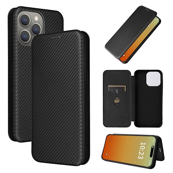 SKALO iPhone 15 Pro Carbon Fiber Lompakkokotelo - Musta Black