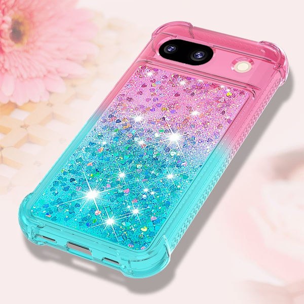 SKALO Google Pixel 8a Kvicksand Glitter Hjerter TPU Cover - Pink-Turkis Multicolor