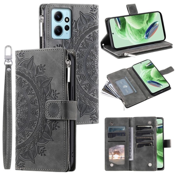 SKALO Xiaomi Redmi Note 12 4G Big Wallet Mandala Lompakkokotelo - Harmaa Grey