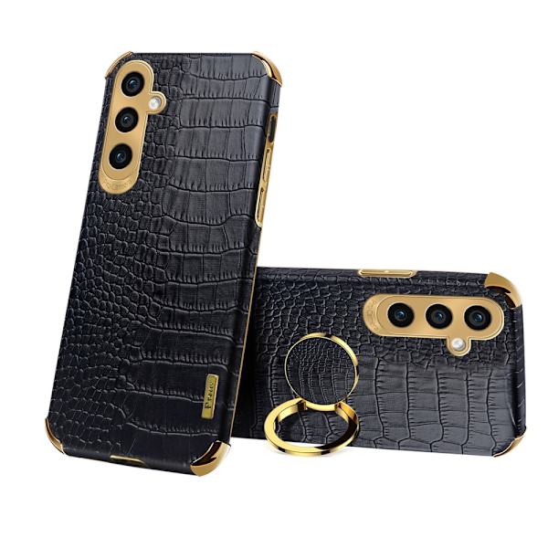 SKALO Samsung A25 5G Crocodile Guldkant Ring Cover - Sort Black