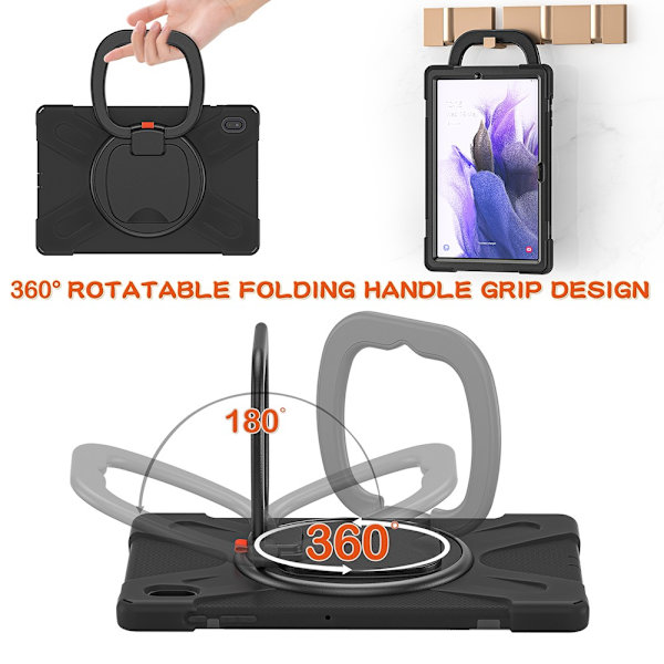 SKALO Samsung Tab S7 FE Extra Shockproof Armor 360 Kahva/Tripod Suojakuori - Musta Black