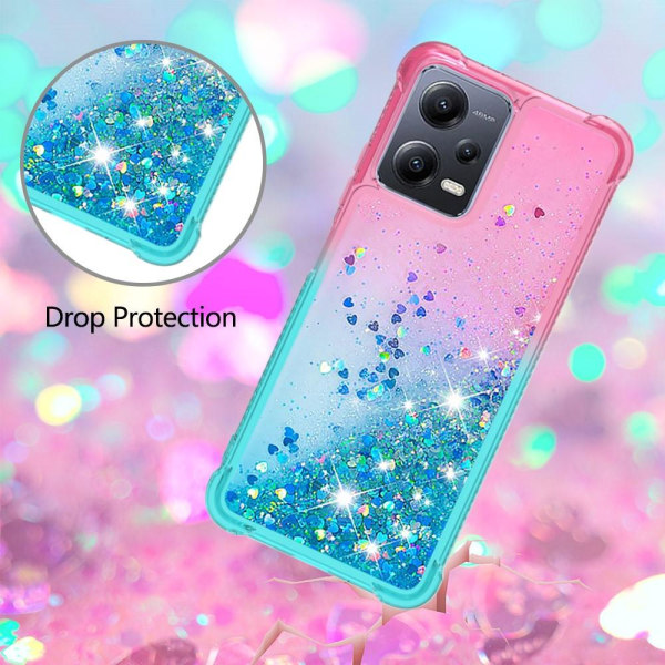 SKALO Xiaomi Redmi Note 12 5G Juoksuhiekka Glitter Sydämet TPU kuori - Pinkki-Turkoosi Multicolor