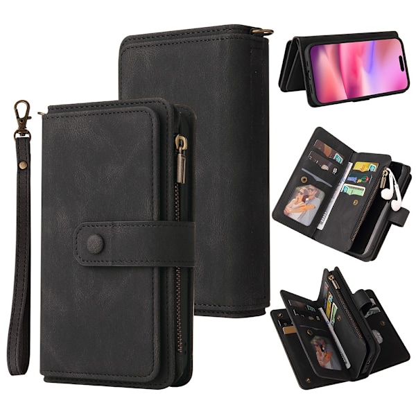 SKALO iPhone 16 Big Wallet 17-RUM Pungetui - Sort Black