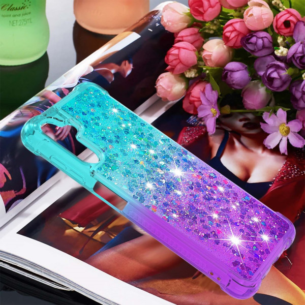 SKALO Samsung A54 5G Kvicksand Glitter Hjerter TPU Cover - Turkis-Lilla Multicolor