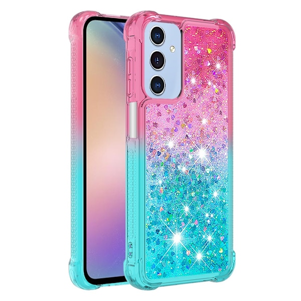 SKALO Samsung A15 5G Juoksuhiekka Glitter Sydämet TPU kuori - Pinkki-Turkoosi Multicolor