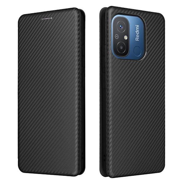 SKALO Xiaomi Redmi 12C 4G Carbon Fiber Lompakkokotelo - Musta Black
