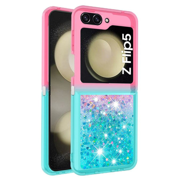 SKALO Samsung Z Flip5 Kvicksand Glitter Hjerter TPU Cover - Pink Multicolor