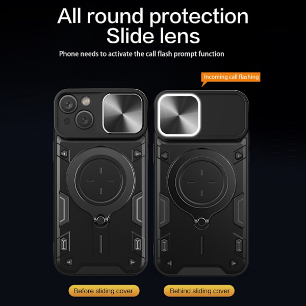 SKALO iPhone 15 Plus Armor Hybrid Metal Ring Camera Slider - Sort Black