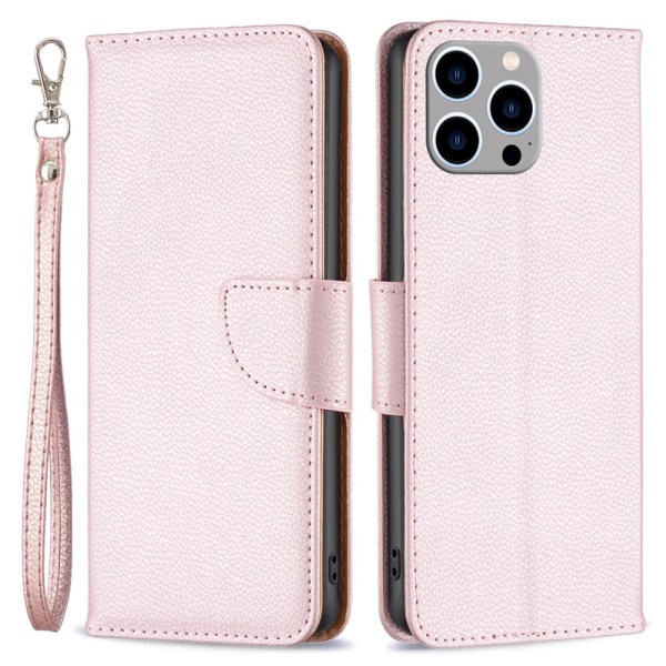 SKALO iPhone 15 Pro Max Litchi Flip Cover - Rosa guld Pink gold