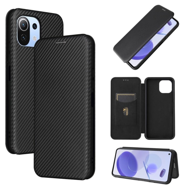 SKALO Xiaomi Mi 11 Lite Carbon Fiber Wallet Case - Sort Black