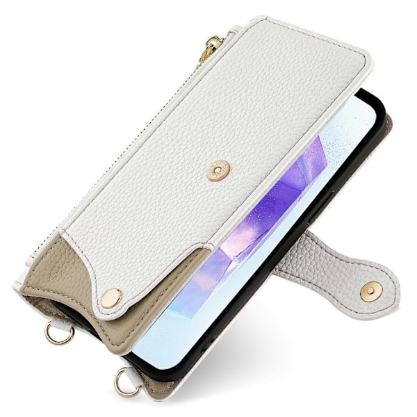 SKALO Samsung A56 5G Litchi Makeup Mirror Chain Flip Cover - Hvid White