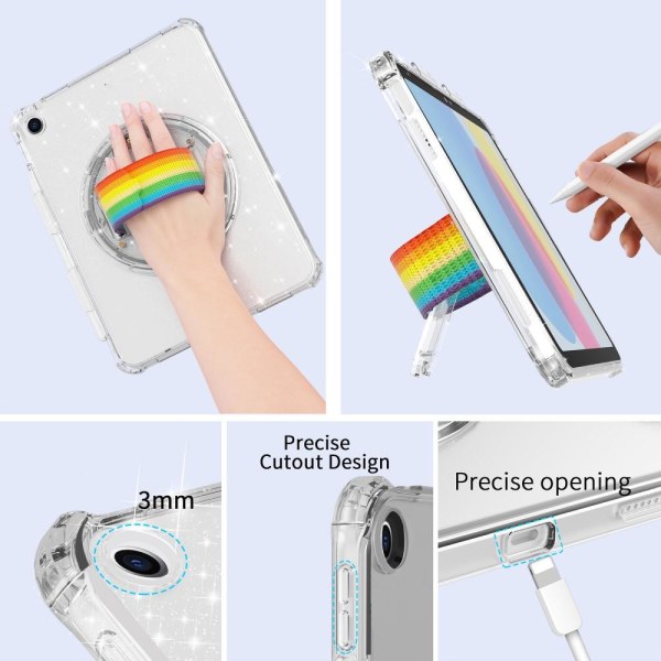 SKALO iPad 10.2 Armor Rainbow Glitter Kahva/Tripod Suojakuori - White