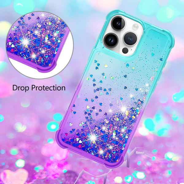 SKALO iPhone 16 Pro Max Kvicksand Glitter Hjerter TPU Cover - Turkis-Lilla Multicolor