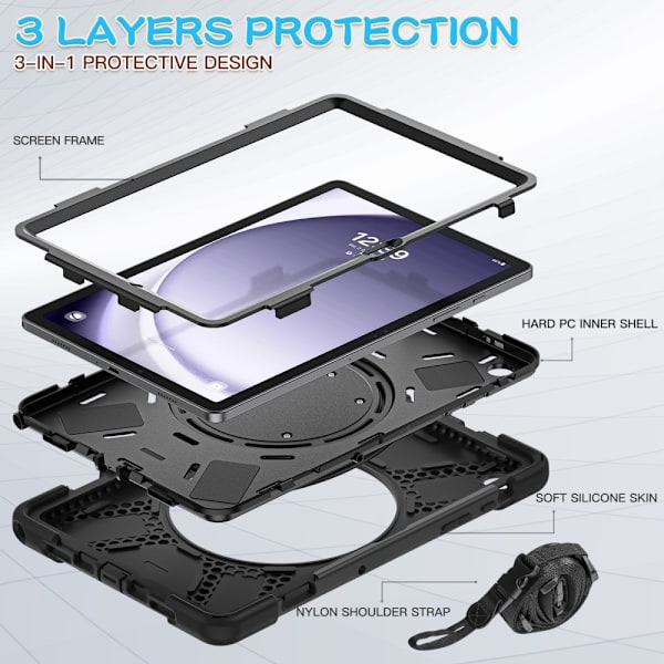 SKALO Samsung Tab A9+ Extra Shock Resistant Armor Rengas kuori olkahihnalla - Musta Black