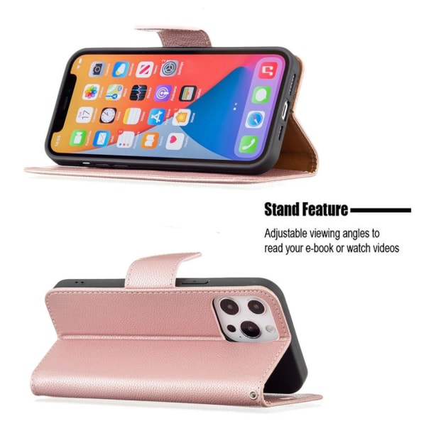 SKALO iPhone 13 Pro Max Premium Litchi-lompakko - ruusukulta Pink gold