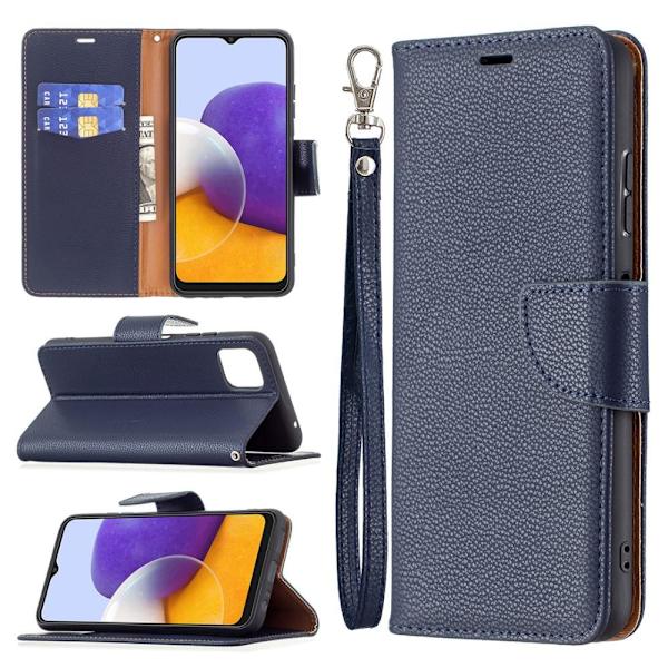 SKALO Samsung A22 5G Premium Litchi Plånbok - Blå Blå