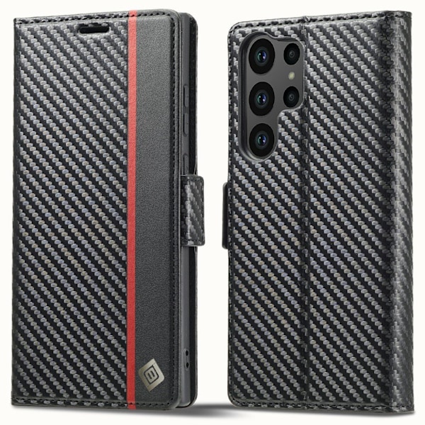 SKALO Samsung S25 Ultra LC.IMEEKE Carbon Fiber Lompakkokotelo - Musta Black