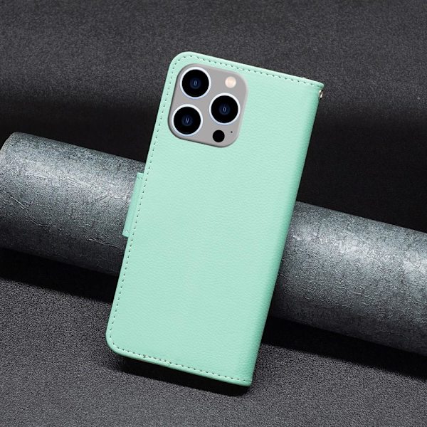 SKALO iPhone 15 Pro Max Litchi Flip Cover - Turkis Turquoise