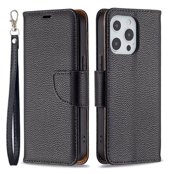 SKALO iPhone 13 Pro Premium Litchi Plånbok - Svart Black