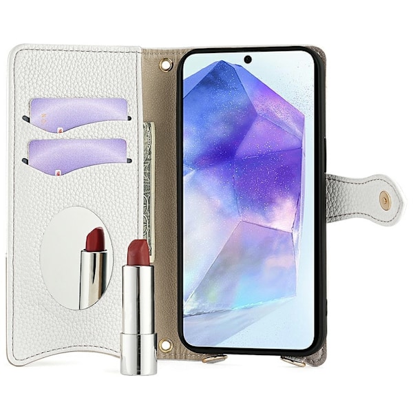 SKALO Samsung A26 5G Litchi Makeup Mirror Chain Plånboksfodral - Vit Vit