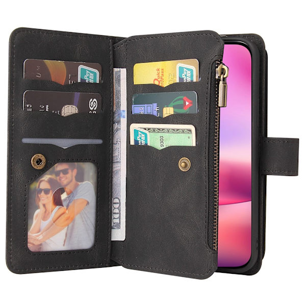 SKALO iPhone 16 Big Wallet 17-RUM Pungetui - Sort Black