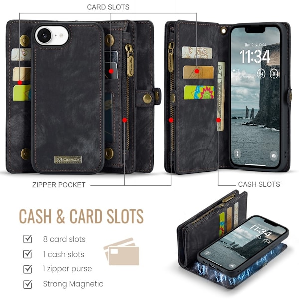 CaseMe iPhone 16e 008 BIg Wallet 2in1 Magnet Lompakkokotelo - Musta Black