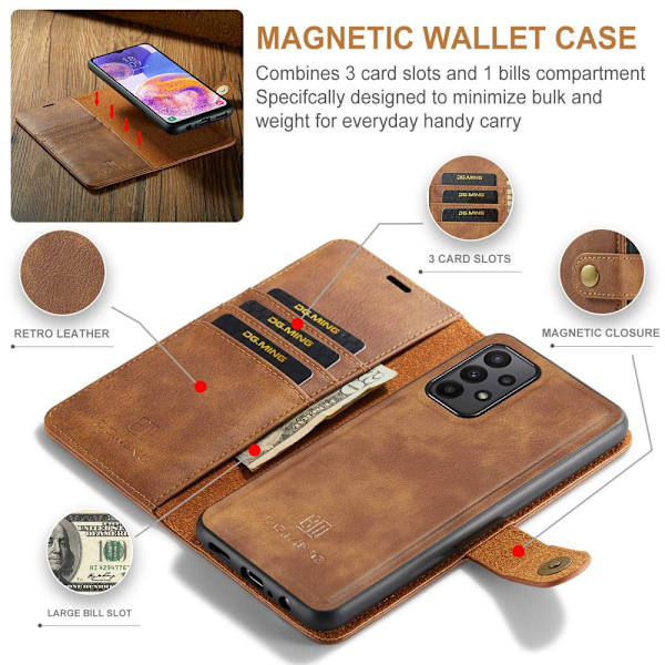 DG MING Samsung A23 5G 2-in-1 magneetti lompakkokotelo - Ruskea Brown