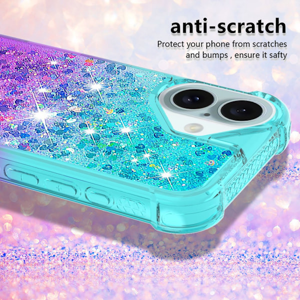 SKALO iPhone 16 Kvicksand Glitter Hjerter TPU Cover - Turkis-Lilla Multicolor