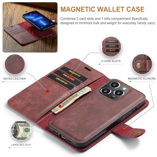 DG MING iPhone 14 Pro Max 2-i-1 Magnet Plånboksfodral - Röd Röd