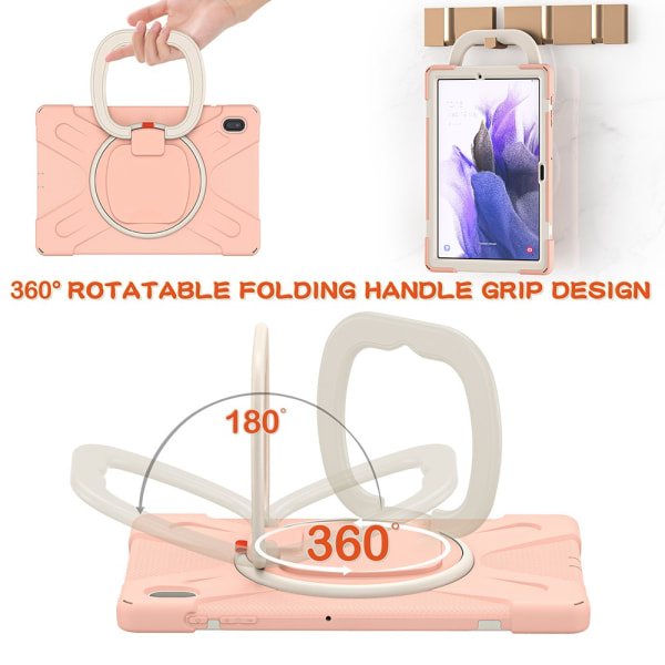 SKALO Samsung Tab S7 FE Extra Shockproof Armor 360 Kahva/Tripod Suojakuori - Ruusukulta Pink gold