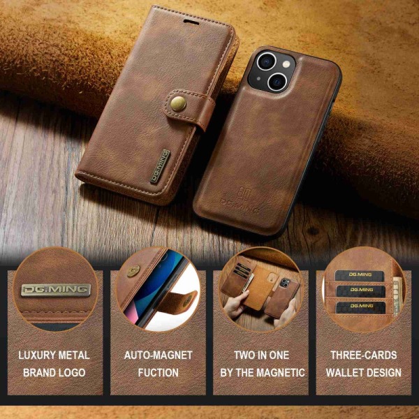 DG MING iPhone 15 2-i-1 Magnet Pungetui - Brun Brown