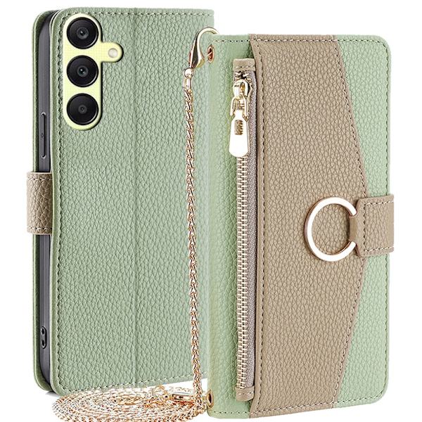 SKALO Samsung A25 5G Litchi Makeup Mirror Lompakkokotelo - Vihreä Green