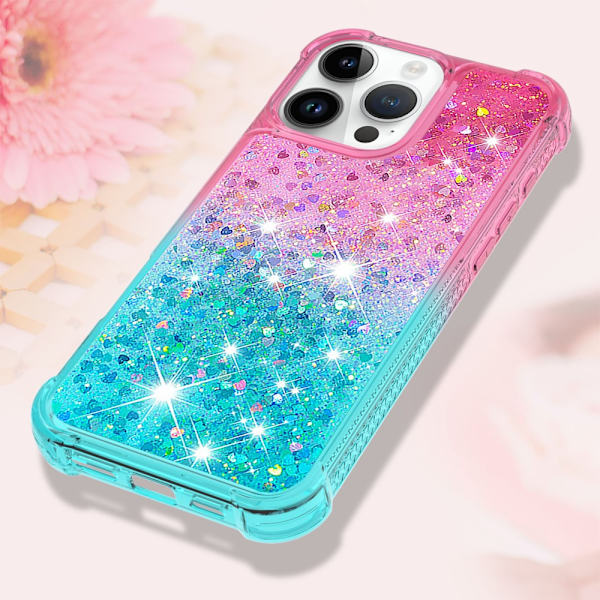 SKALO iPhone 16 Pro Max Kvicksand Glitter Hjerter TPU Cover - Pink-Turkis Multicolor