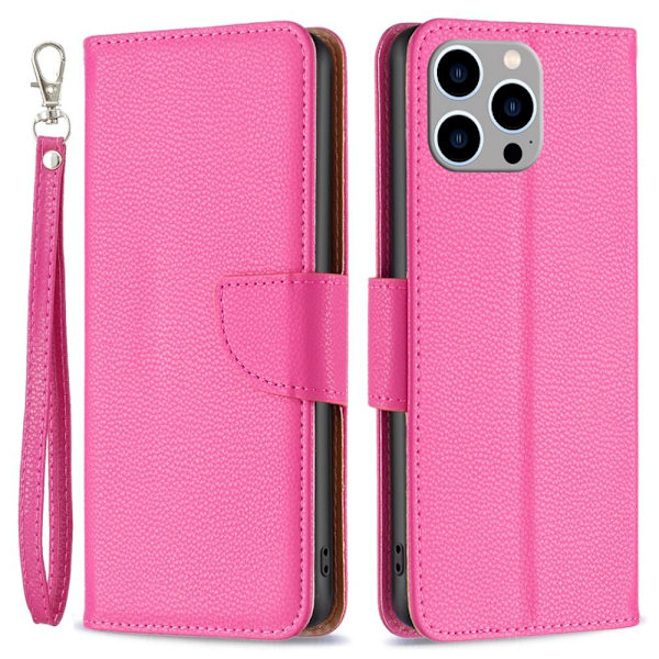 SKALO iPhone 15 Pro Max Litchi Lompakkokotelo - Pinkki Pink