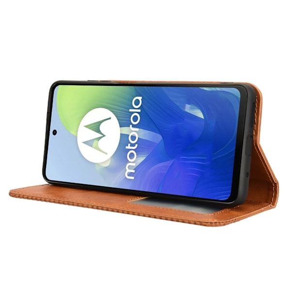 SKALO Motorola Moto E14 4G Kohokuvioitu Premium lompakkokotelo - Ruskea Brown
