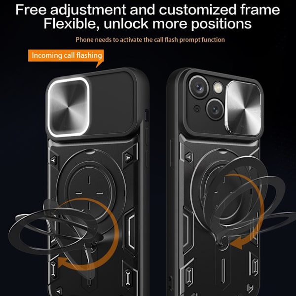 SKALO iPhone 15 Plus Armor Hybrid Metal Ring Camera Slider - Sort Black