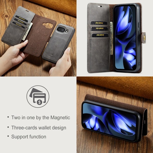 DG MING Google Pixel 9a 2-in-1 Magneetti Lompakkokotelo - Harmaa Grey