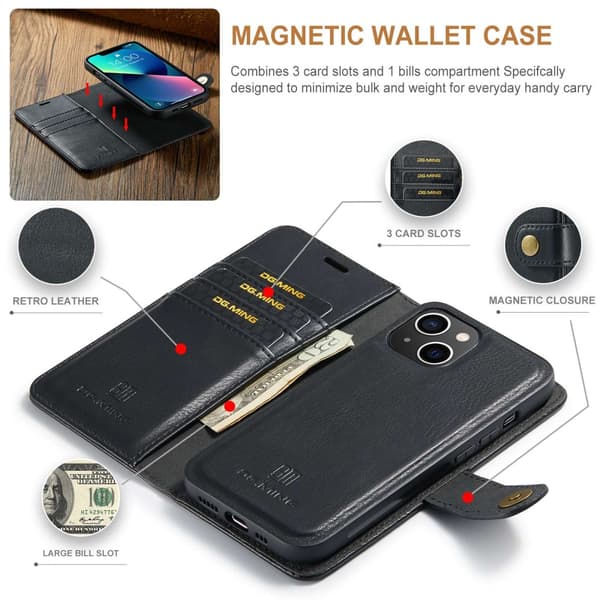 DG MING iPhone 14 Plus 2-i-1 Magnet Pungetui - Sort Black