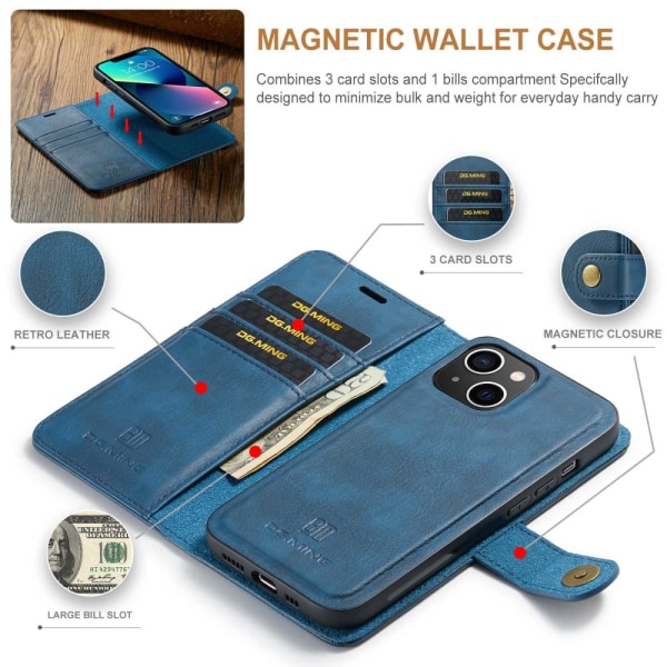 DG MING iPhone 15 2-i-1 Magnet Plånboksfodral - Blå Blå
