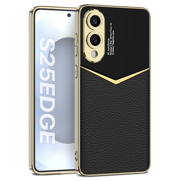SKALO Samsung S25 Edge GKK PU-Nahka Kultareunus Suojakuori - Musta Black