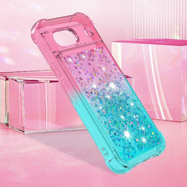 SKALO Google Pixel 8a Kvicksand Glitter Hjerter TPU Cover - Pink-Turkis Multicolor