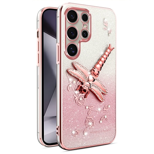 SKALO Samsung S25 Ultra KADEM Dragonfly Glitter Skal - Rosa Rosa