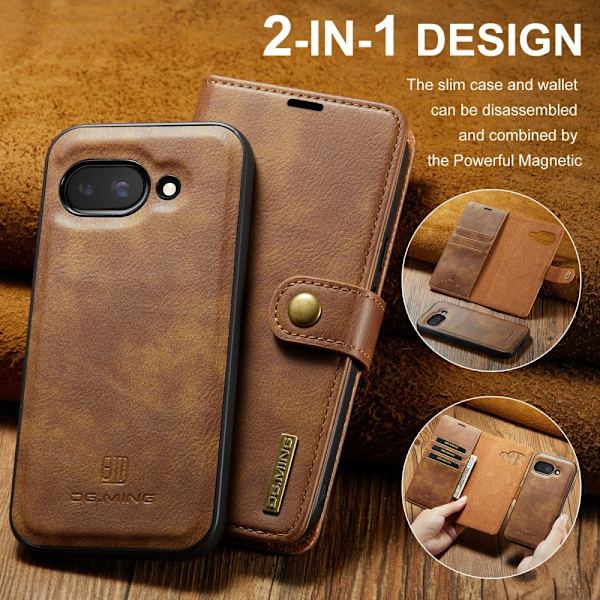 DG MING Google Pixel 9a 2-in-1 Magneetti Lompakkokotelo - Ruskea Brown