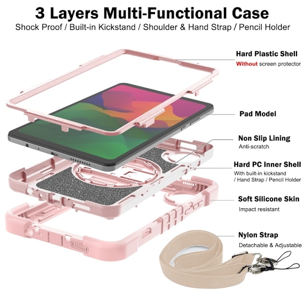 SKALO Xiaomi Redmi Pad SE 8.7 Extra Shockproof Armor 360 Kahva/Tripod Suojakuori - Ruusukulta Pink gold