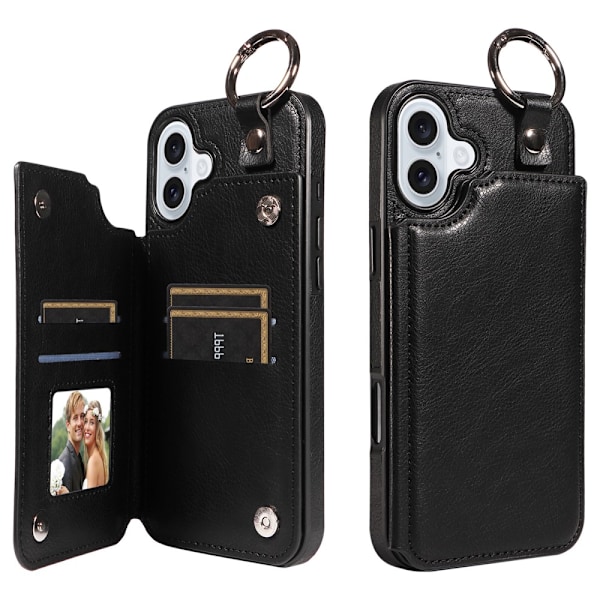 SKALO iPhone 16 Plus PU-Læder Kortholder Ring Cover - Sort Black