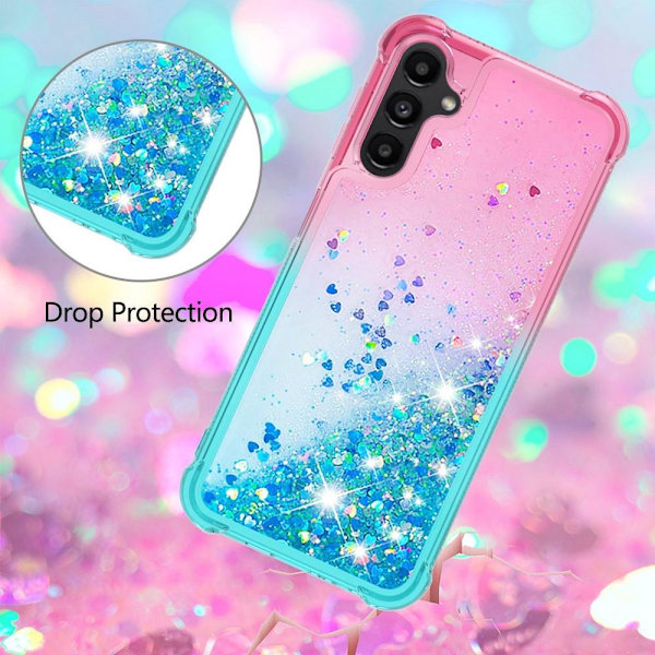 SKALO Samsung A14 5G Juoksuhiekka Glitter Sydämet TPU kuori - Pinkki-Turkoosi Multicolor