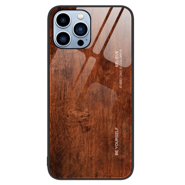 SKALO iPhone 15 Pro Max Wood Härdat Glas TPU-skal - Mörkbrun Mörkbrun