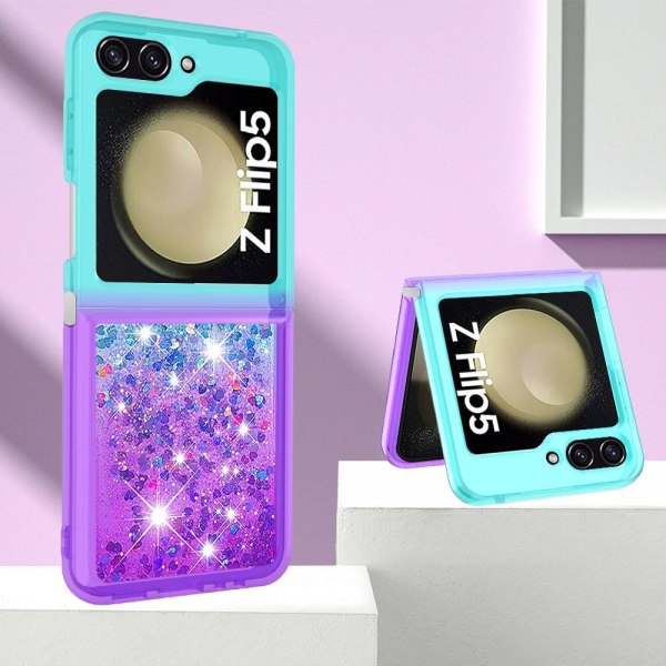 SKALO Samsung Z Flip5 Juoksuhiekka Glitter Sydämet TPU kuori - Turkoosi-Violetti Multicolor