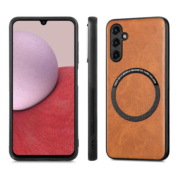 SKALO Samsung A14 4G/5G PU Nahka Hybrid Magnetic Ring Suojakuori - Ruskea Brown
