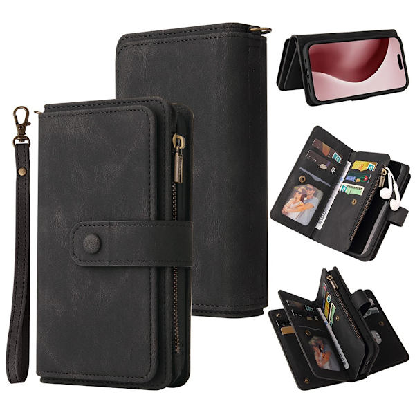 SKALO iPhone 16 Pro Big Wallet 17-lokeroa Lompakkokotelo - Musta Black